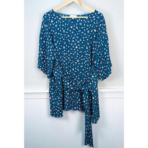 Molly & Isadora Kara Tie-Front Kimono Sleeve Tunic Top in Teal Floral Print 2X - Picture 1 of 10